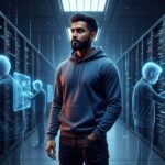A high-contrast, cinematic illustration of a South Asian software developer standing in a vast, dimly lit server room.