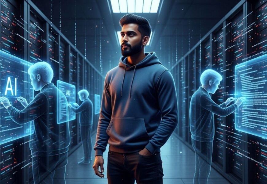 A high-contrast, cinematic illustration of a South Asian software developer standing in a vast, dimly lit server room.